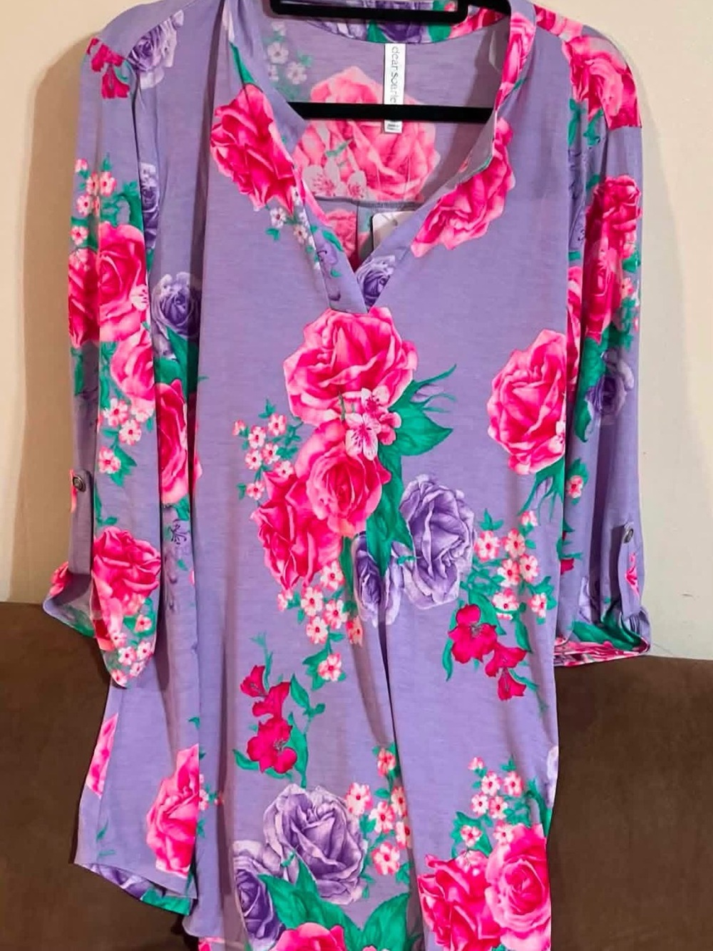 Floral Split-Neck Tunic Top - Lavender with Pink & Purple Roses